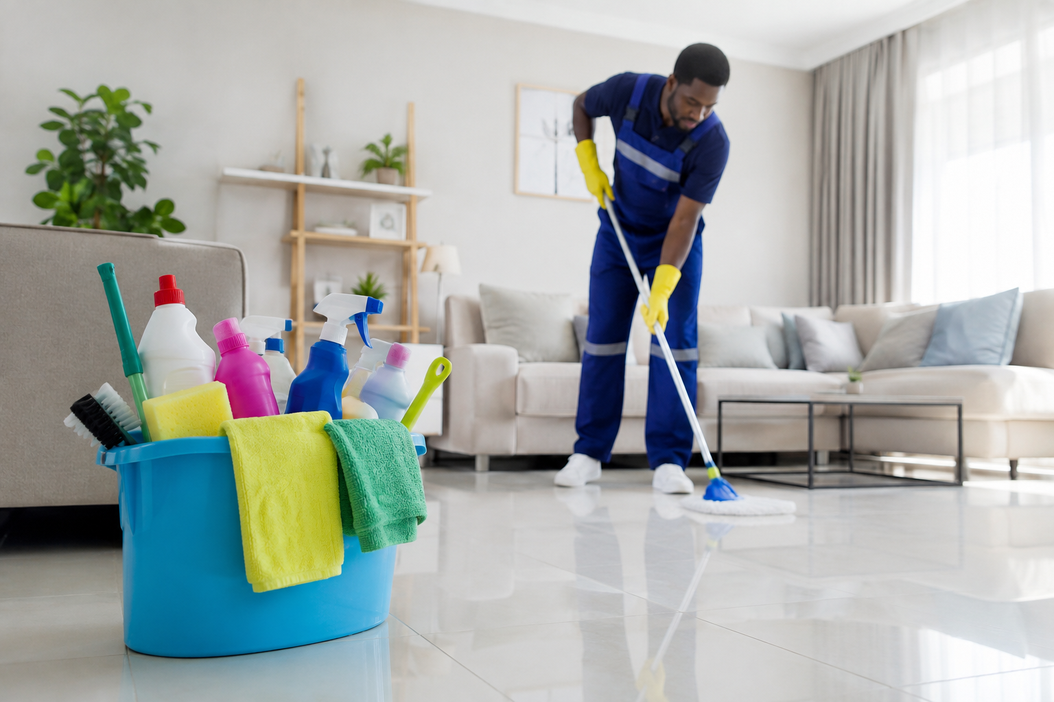 GleamGuard cleaner mopping the floor of a bright, modern living room