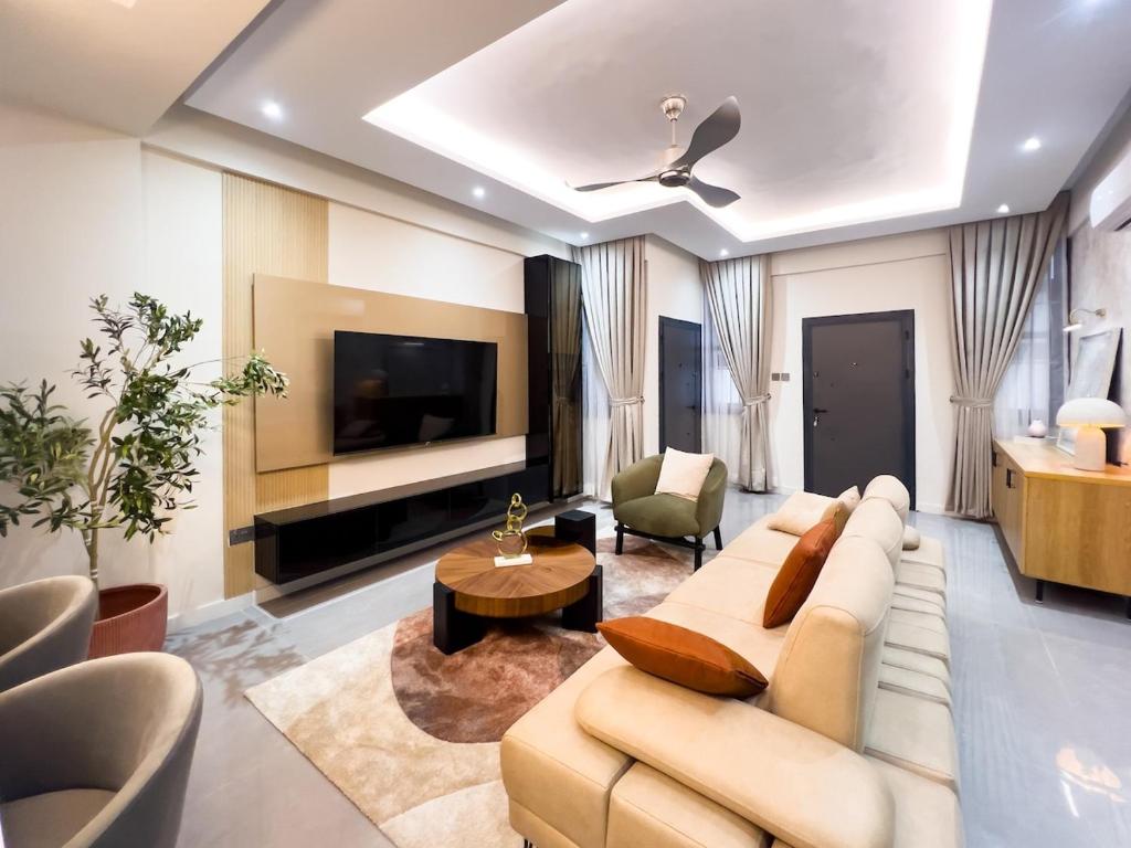 Spacious living room with clean lines and warm materials